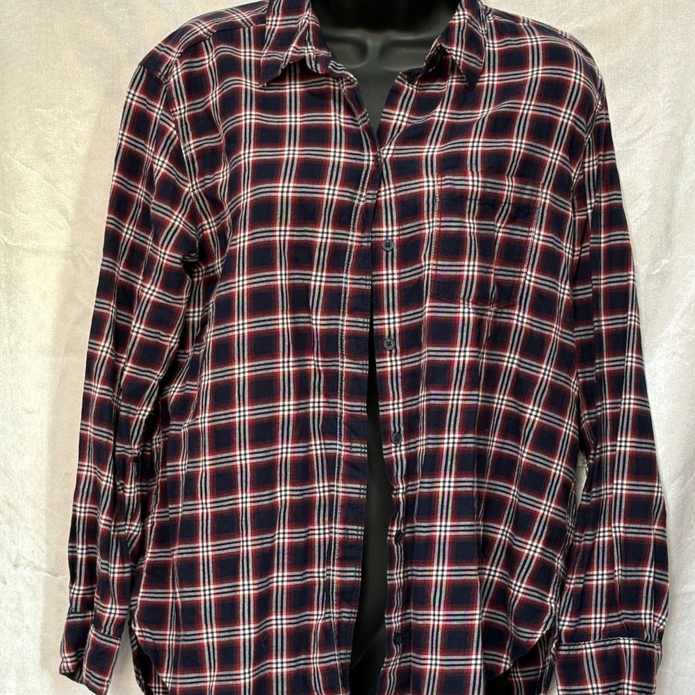 H&M Navy and Red Plaid Women's Button Down Shirt